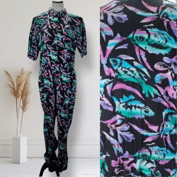 Vintage 90s Collared Relaxed Fit Jumpsuit Size L Vibrant Tropical Fish Rayon